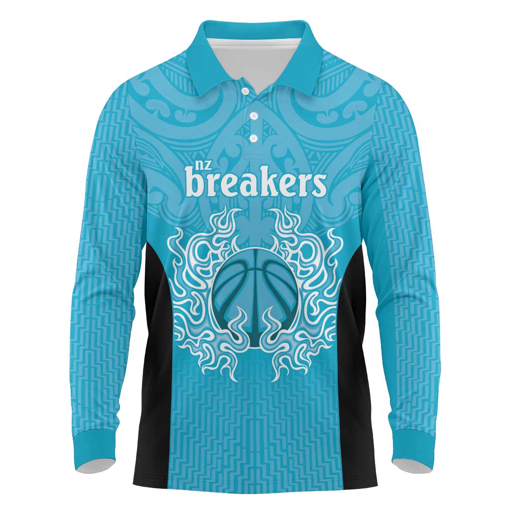 New Zealand Custom Long Sleeve Polo Shirt Fire Basketball Maori Tribal Sky Blue LT9 Blue - Polynesian Pride