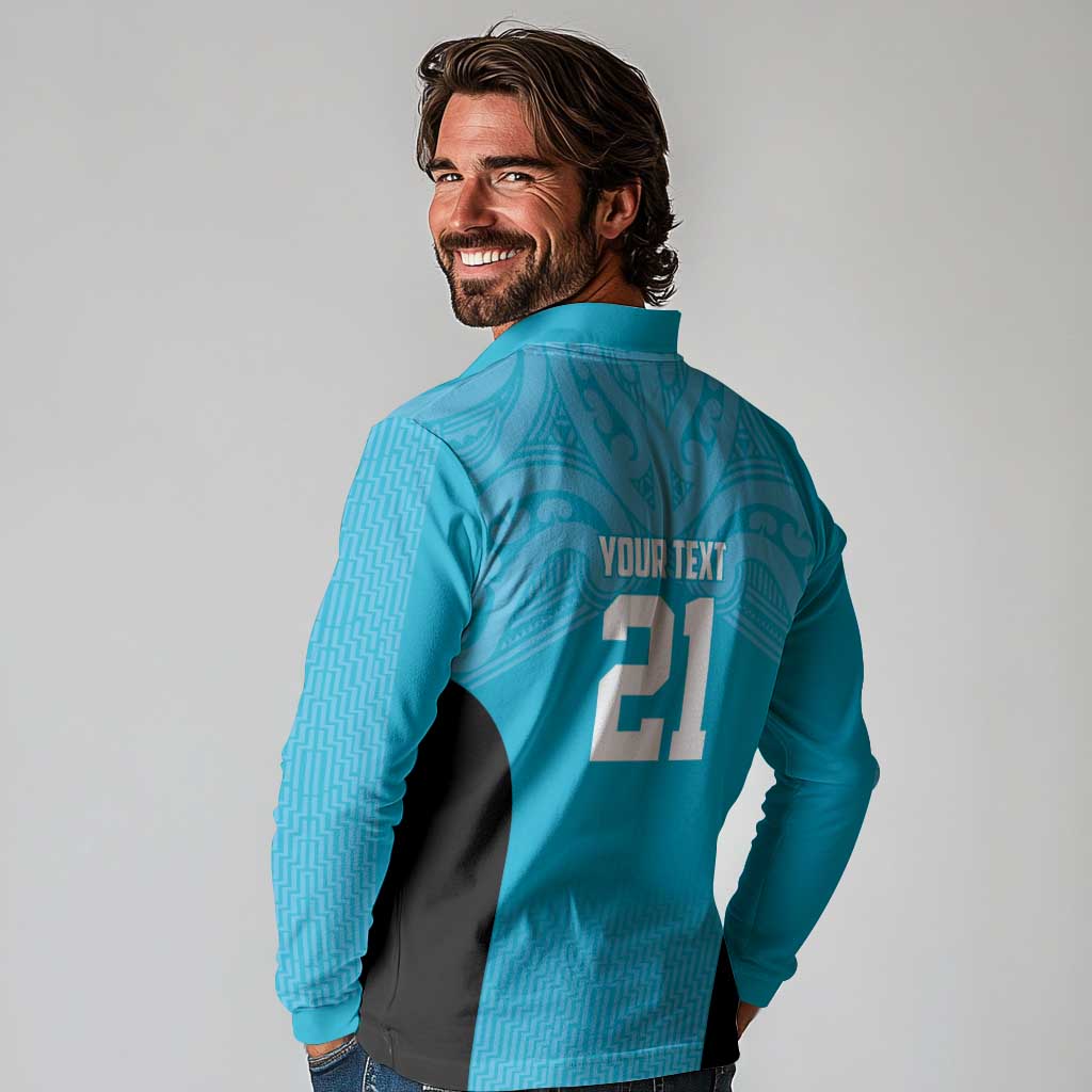 New Zealand Custom Long Sleeve Polo Shirt Fire Basketball Maori Tribal Sky Blue LT9 - Polynesian Pride