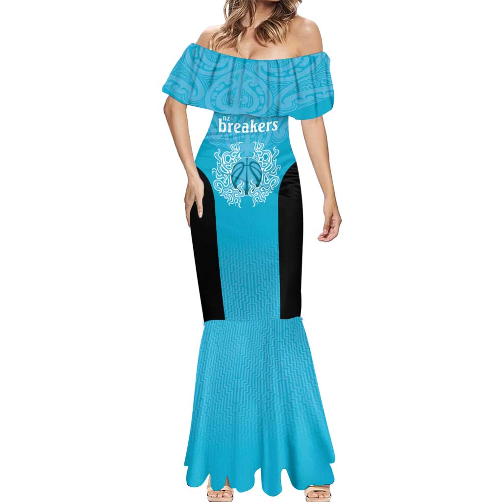 New Zealand Custom Mermaid Dress Fire Basketball Maori Tribal Sky Blue LT9 - Polynesian Pride