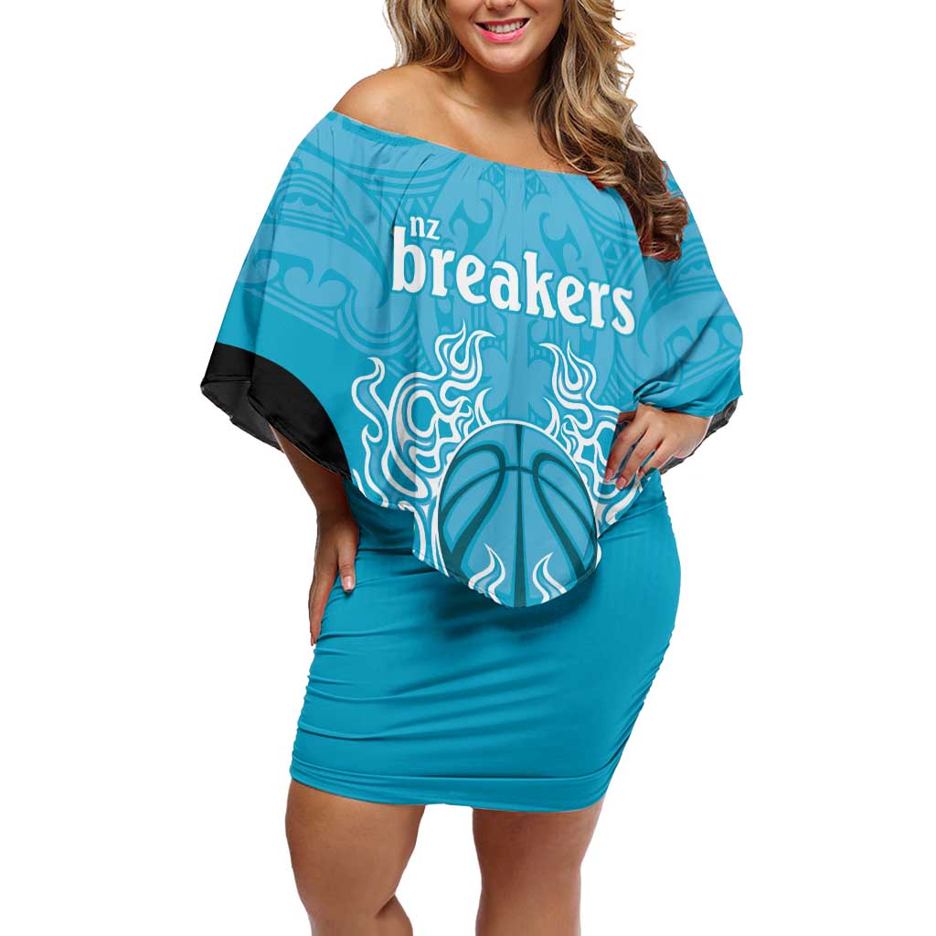 New Zealand Custom Off Shoulder Short Dress Fire Basketball Maori Tribal Sky Blue LT9 Women Blue - Polynesian Pride