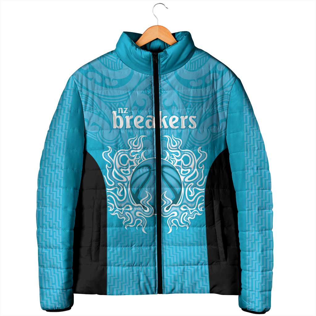 New Zealand Custom Padded Jacket Fire Basketball Maori Tribal Sky Blue - Polynesian Pride