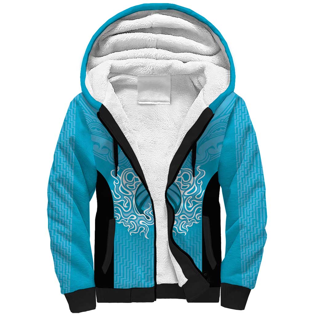 New Zealand Custom Sherpa Hoodie Fire Basketball Maori Tribal Sky Blue - Polynesian Pride