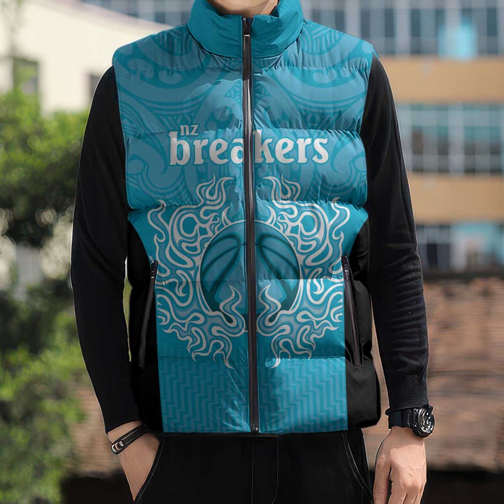 New Zealand Custom Sleeveless Puffer Jacket Fire Basketball Maori Tribal Sky Blue - Polynesian Pride