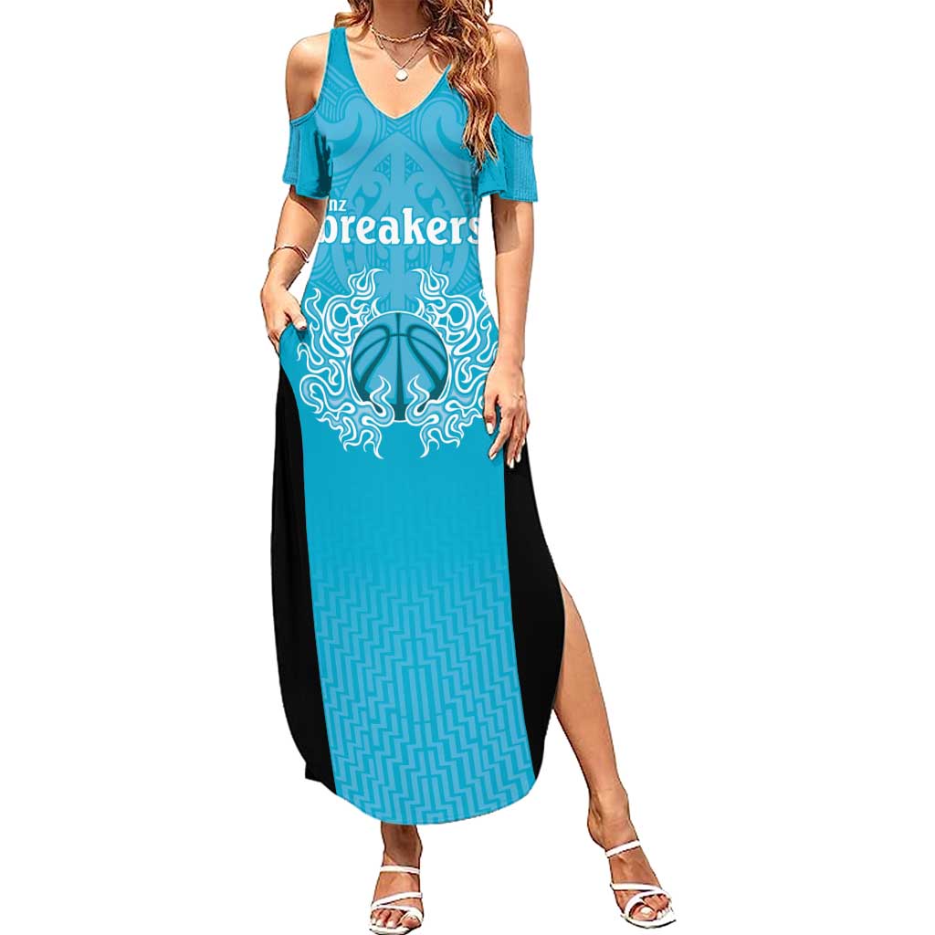 New Zealand Custom Summer Maxi Dress Fire Basketball Maori Tribal Sky Blue LT9 Women Blue - Polynesian Pride