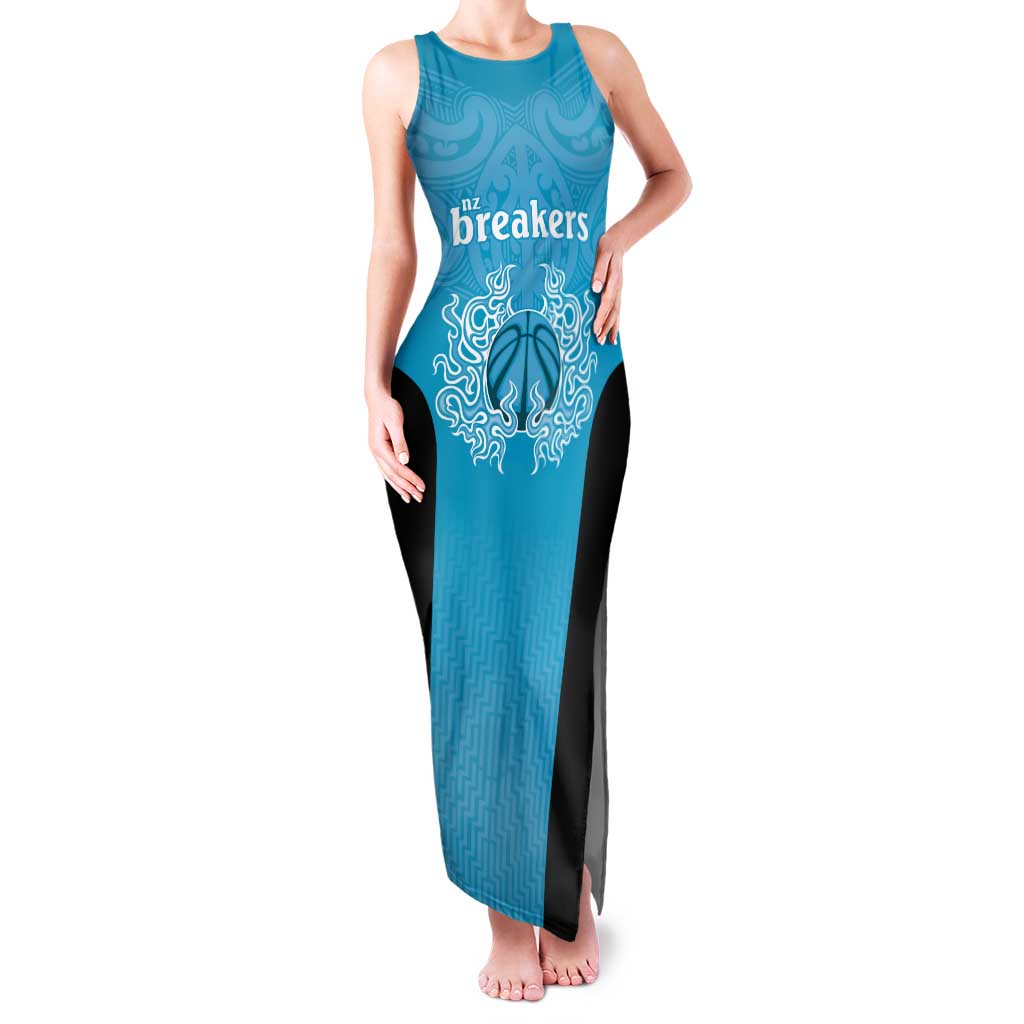 New Zealand Custom Tank Maxi Dress Fire Basketball Maori Tribal Sky Blue LT9 Women Blue - Polynesian Pride