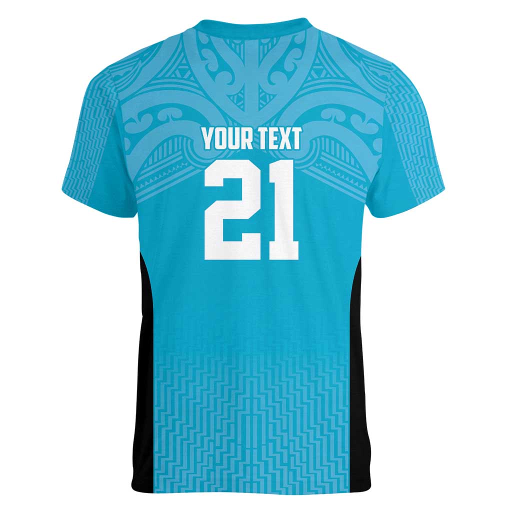 New Zealand Custom Women V-Neck T-Shirt Fire Basketball Maori Tribal Sky Blue LT9 - Polynesian Pride