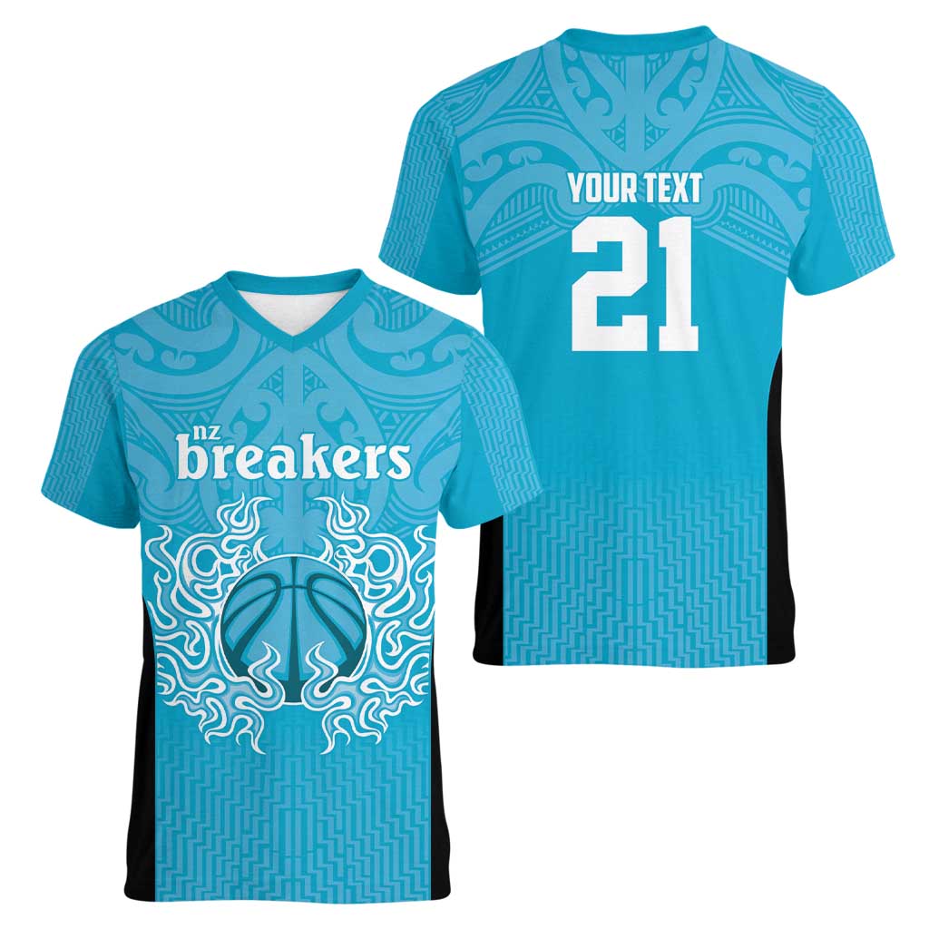 New Zealand Custom Women V-Neck T-Shirt Fire Basketball Maori Tribal Sky Blue LT9 - Polynesian Pride