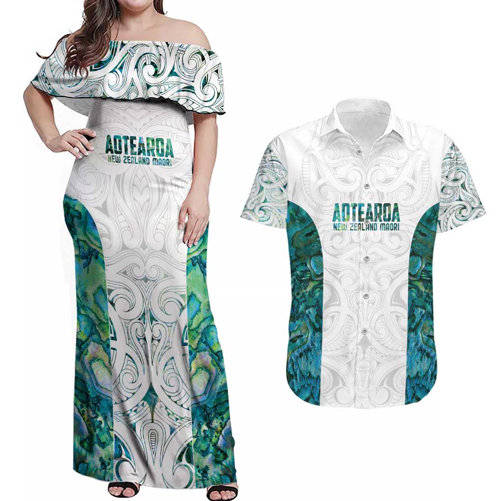 Custom New Zealand Aotearoa Couples Matching Off Shoulder Maxi Dress and Hawaiian Shirt Green Maori Paua Shell Indigenous LT9 Green - Polynesian Pride