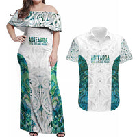 Custom New Zealand Aotearoa Couples Matching Off Shoulder Maxi Dress and Hawaiian Shirt Green Maori Paua Shell Indigenous LT9 Green - Polynesian Pride