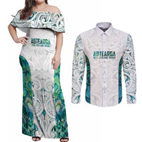 Custom New Zealand Aotearoa Couples Matching Off Shoulder Maxi Dress and Long Sleeve Button Shirt Green Maori Paua Shell Indigenous LT9 Green - Polynesian Pride