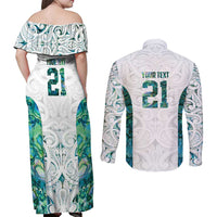 Custom New Zealand Aotearoa Couples Matching Off Shoulder Maxi Dress and Long Sleeve Button Shirt Green Maori Paua Shell Indigenous LT9 - Polynesian Pride