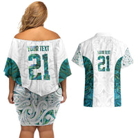 Custom New Zealand Aotearoa Couples Matching Off Shoulder Short Dress and Hawaiian Shirt Green Maori Paua Shell Indigenous LT9 - Polynesian Pride