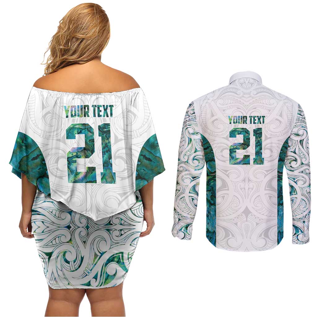 Custom New Zealand Aotearoa Couples Matching Off Shoulder Short Dress and Long Sleeve Button Shirt Green Maori Paua Shell Indigenous LT9 - Polynesian Pride