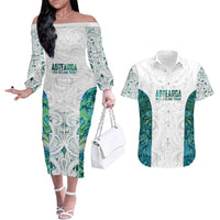 Custom New Zealand Aotearoa Couples Matching Off The Shoulder Long Sleeve Dress and Hawaiian Shirt Green Maori Paua Shell Indigenous LT9 Green - Polynesian Pride