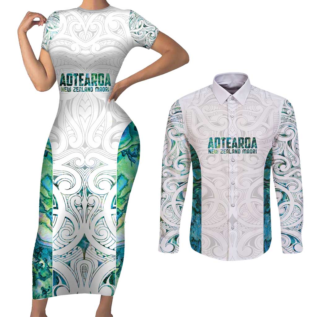 Custom New Zealand Aotearoa Couples Matching Short Sleeve Bodycon Dress and Long Sleeve Button Shirt Green Maori Paua Shell Indigenous - Polynesian Pride