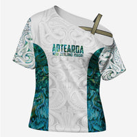 Custom New Zealand Aotearoa Cross Shoulder Shirt Green Maori Paua Shell Indigenous - Polynesian Pride