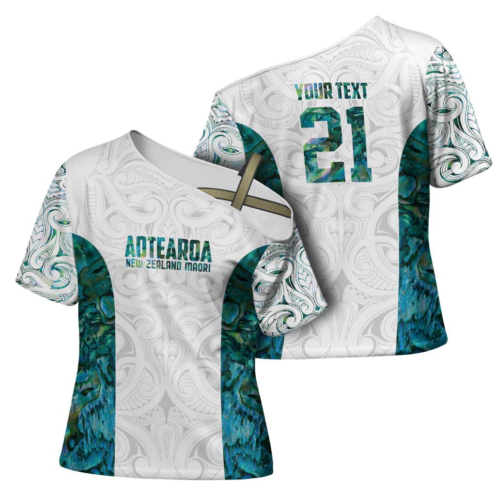 Custom New Zealand Aotearoa Cross Shoulder Shirt Green Maori Paua Shell Indigenous - Polynesian Pride