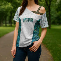 Custom New Zealand Aotearoa Cross Shoulder Shirt Green Maori Paua Shell Indigenous - Polynesian Pride