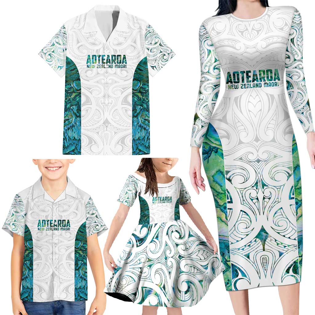 Custom New Zealand Aotearoa Family Matching Long Sleeve Bodycon Dress and Hawaiian Shirt Green Maori Paua Shell Indigenous LT9 - Polynesian Pride