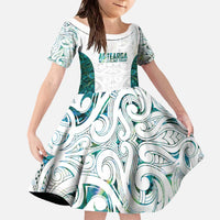Custom New Zealand Aotearoa Family Matching Off The Shoulder Long Sleeve Dress and Hawaiian Shirt Green Maori Paua Shell Indigenous LT9 Daughter's Dress Green - Polynesian Pride