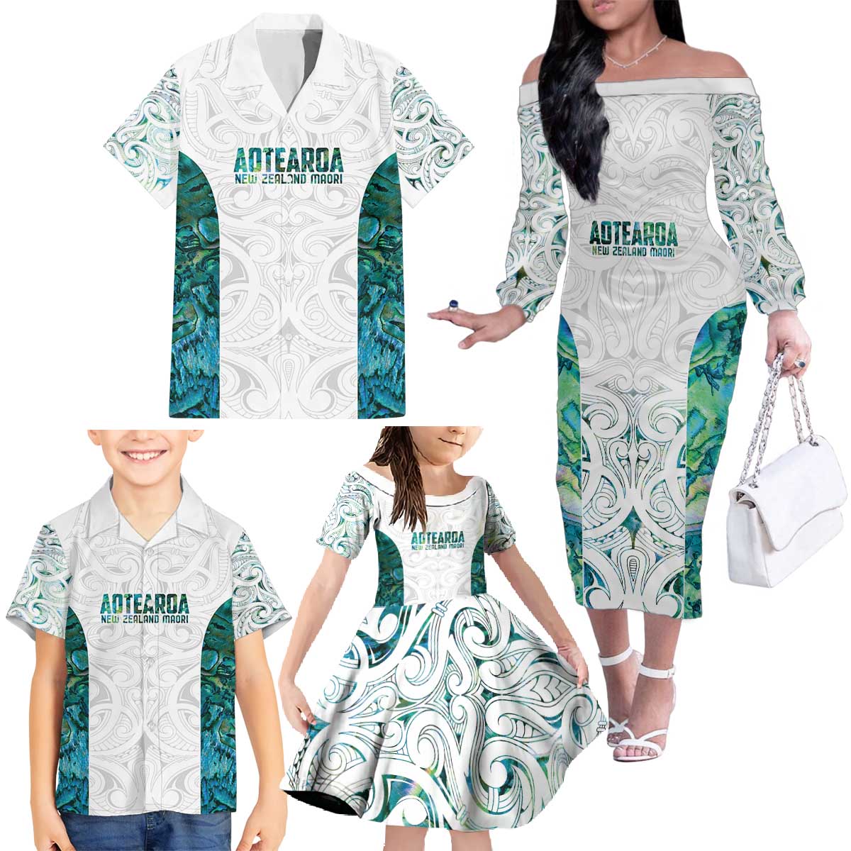 Custom New Zealand Aotearoa Family Matching Off The Shoulder Long Sleeve Dress and Hawaiian Shirt Green Maori Paua Shell Indigenous LT9 - Polynesian Pride