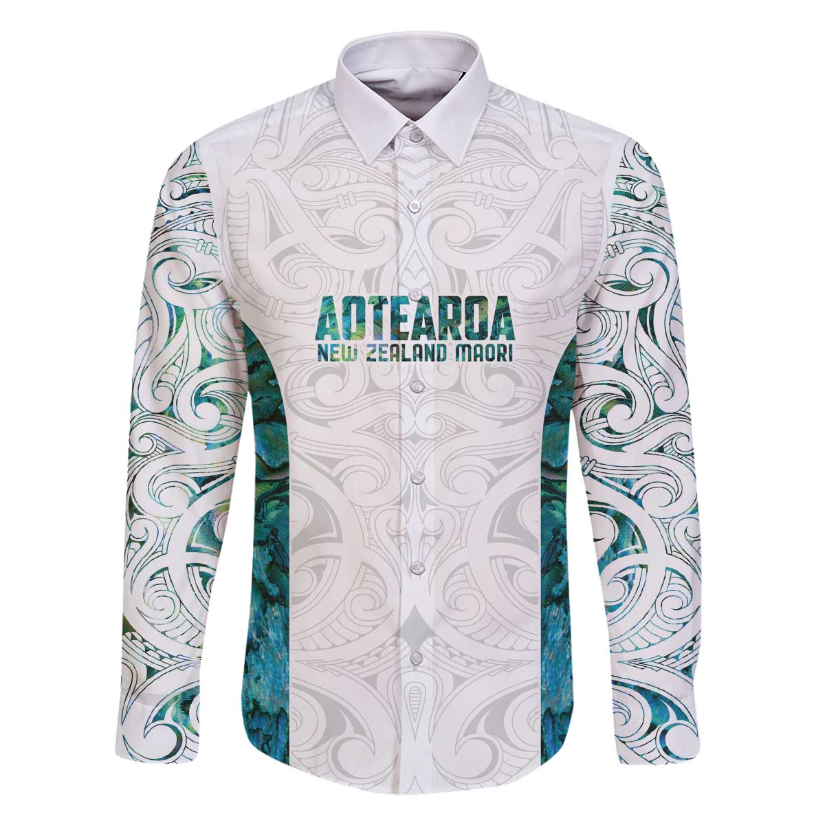 Custom New Zealand Aotearoa Family Matching Off The Shoulder Long Sleeve Dress and Hawaiian Shirt Green Maori Paua Shell Indigenous LT9 Dad's Shirt - Long Sleeve Green - Polynesian Pride