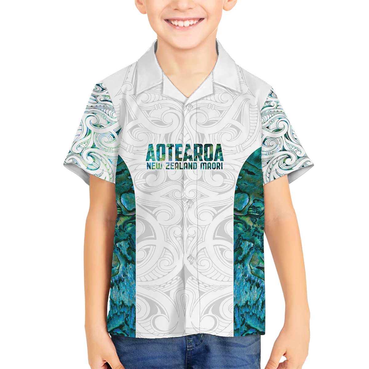 Custom New Zealand Aotearoa Family Matching Off The Shoulder Long Sleeve Dress and Hawaiian Shirt Green Maori Paua Shell Indigenous LT9 Son's Shirt Green - Polynesian Pride