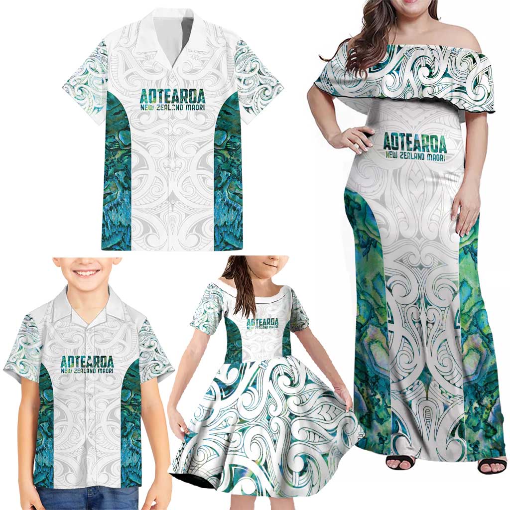 Custom New Zealand Aotearoa Family Matching Off Shoulder Maxi Dress and Hawaiian Shirt Green Maori Paua Shell Indigenous LT9 - Polynesian Pride