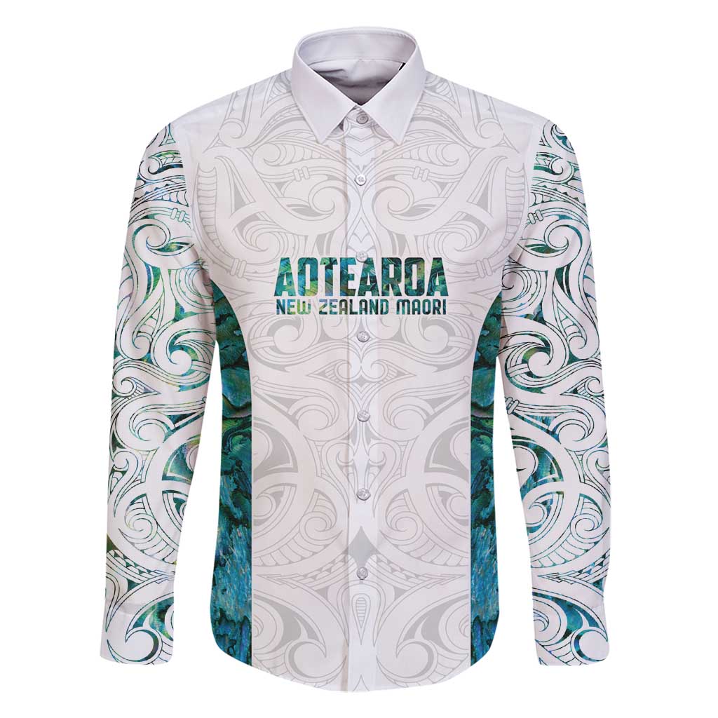 Custom New Zealand Aotearoa Family Matching Off Shoulder Maxi Dress and Hawaiian Shirt Green Maori Paua Shell Indigenous LT9 Dad's Shirt - Long Sleeve Green - Polynesian Pride