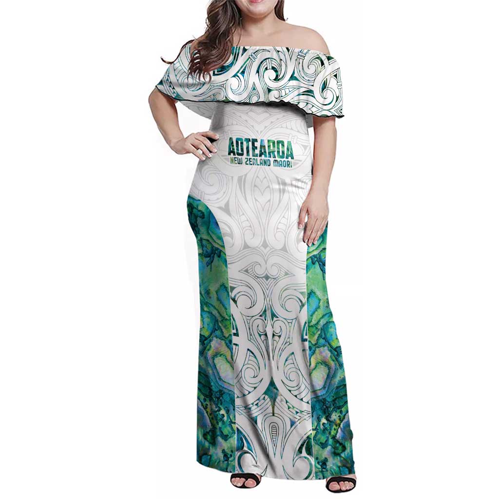 Custom New Zealand Aotearoa Family Matching Off Shoulder Maxi Dress and Hawaiian Shirt Green Maori Paua Shell Indigenous LT9 Mom's Dress Green - Polynesian Pride