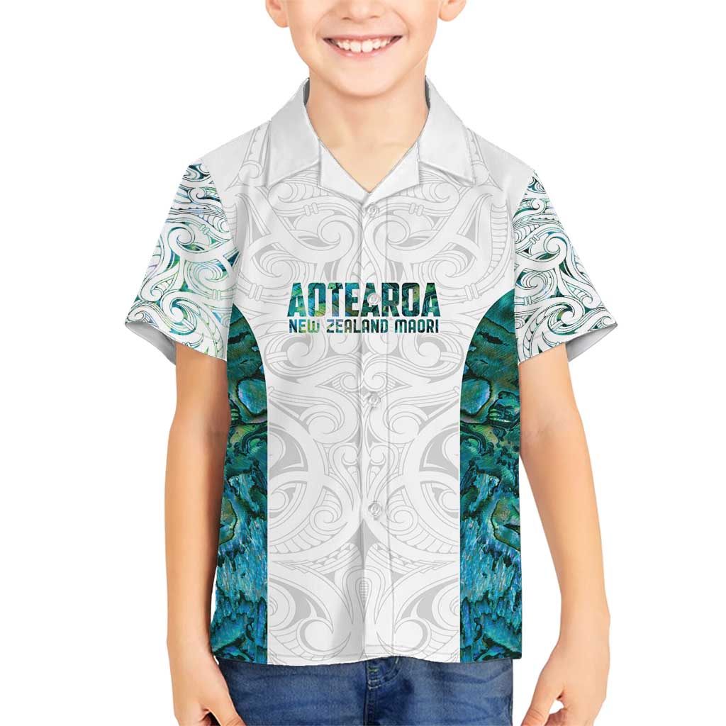 Custom New Zealand Aotearoa Family Matching Off Shoulder Maxi Dress and Hawaiian Shirt Green Maori Paua Shell Indigenous LT9 Son's Shirt Green - Polynesian Pride
