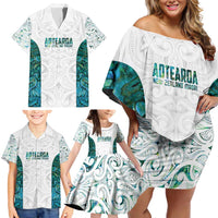 Custom New Zealand Aotearoa Family Matching Off Shoulder Short Dress and Hawaiian Shirt Green Maori Paua Shell Indigenous LT9 - Polynesian Pride