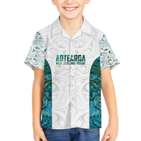 Custom New Zealand Aotearoa Family Matching Off Shoulder Short Dress and Hawaiian Shirt Green Maori Paua Shell Indigenous LT9 Son's Shirt Green - Polynesian Pride