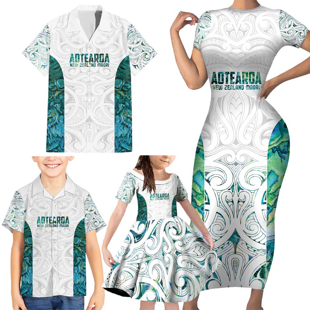 Custom New Zealand Aotearoa Family Matching Short Sleeve Bodycon Dress and Hawaiian Shirt Green Maori Paua Shell Indigenous LT9 - Polynesian Pride