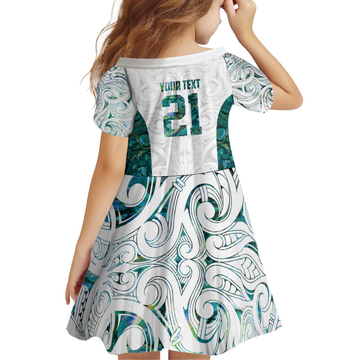 Custom New Zealand Aotearoa Kid Short Sleeve Dress Green Maori Paua Shell Indigenous - Polynesian Pride