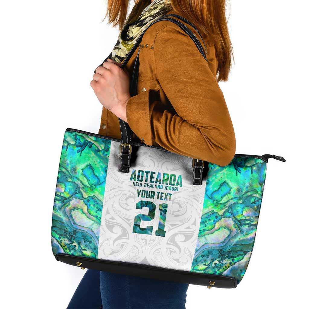 Custom New Zealand Aotearoa Leather Tote Bag Green Maori Paua Shell Indigenous - Polynesian Pride
