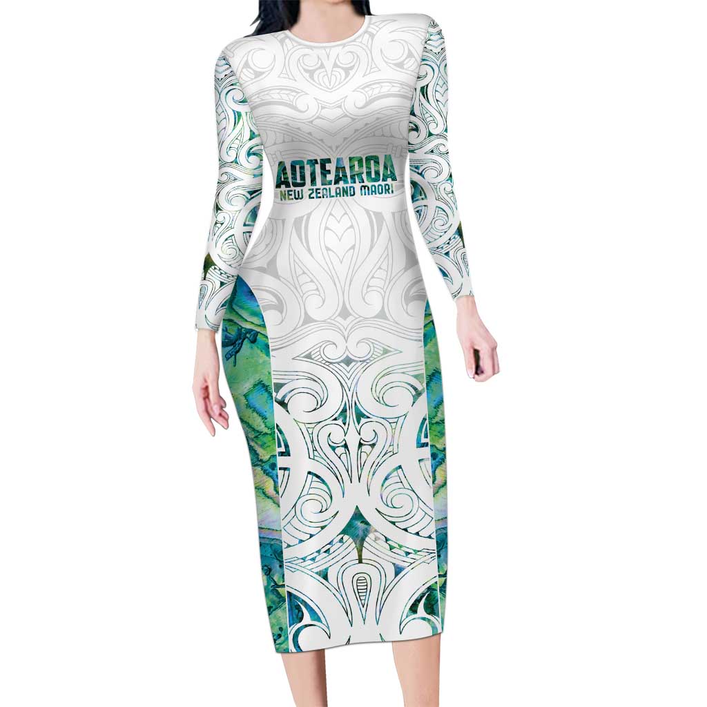 Custom New Zealand Aotearoa Long Sleeve Bodycon Dress Green Maori Paua Shell Indigenous - Polynesian Pride