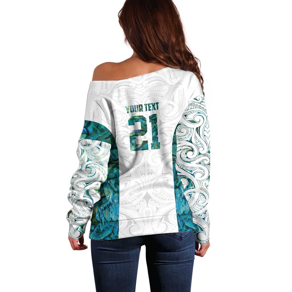 Custom New Zealand Aotearoa Off Shoulder Sweater Green Maori Paua Shell Indigenous - Polynesian Pride