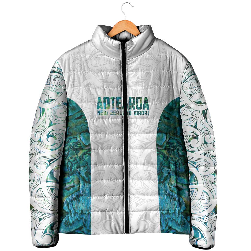 Custom New Zealand Aotearoa Padded Jacket Green Maori Paua Shell Indigenous - Polynesian Pride