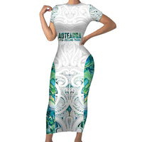 Custom New Zealand Aotearoa Short Sleeve Bodycon Dress Green Maori Paua Shell Indigenous LT9 Long Dress Green - Polynesian Pride