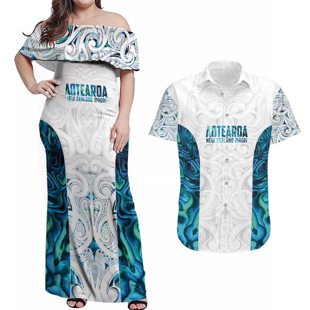 Custom New Zealand Aotearoa Couples Matching Off Shoulder Maxi Dress and Hawaiian Shirt Maori Paua Shell Indigenous LT9 Blue - Polynesian Pride