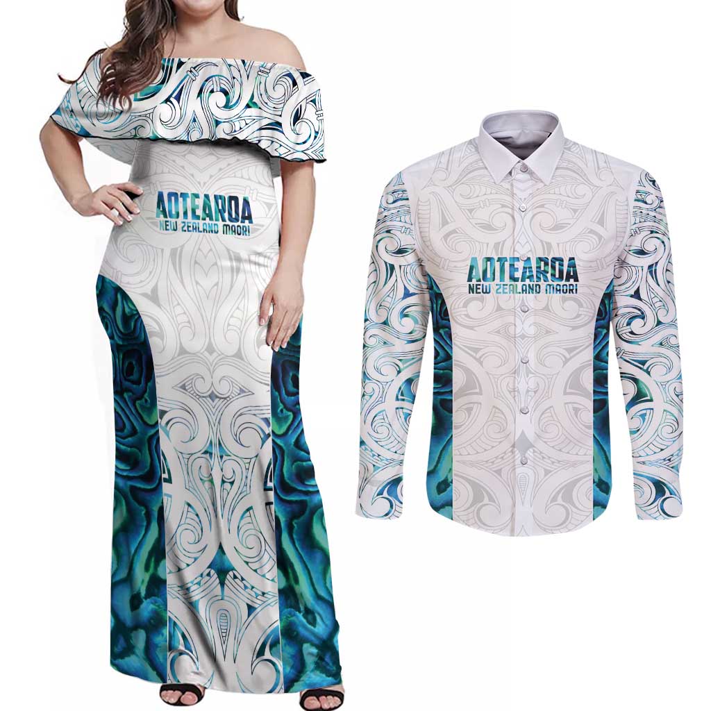 Custom New Zealand Aotearoa Couples Matching Off Shoulder Maxi Dress and Long Sleeve Button Shirt Maori Paua Shell Indigenous LT9 Blue - Polynesian Pride