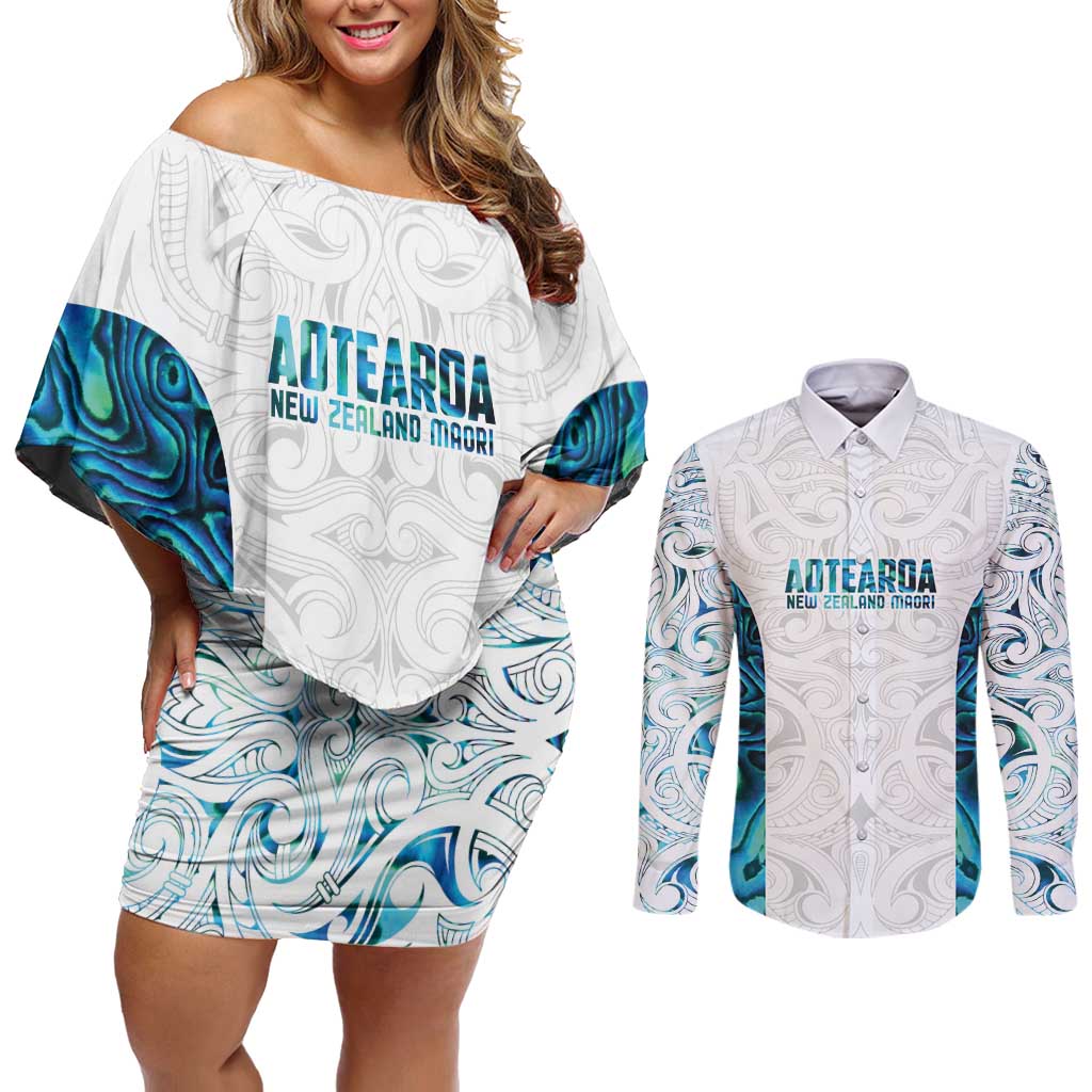 Custom New Zealand Aotearoa Couples Matching Off Shoulder Short Dress and Long Sleeve Button Shirt Maori Paua Shell Indigenous LT9 Blue - Polynesian Pride