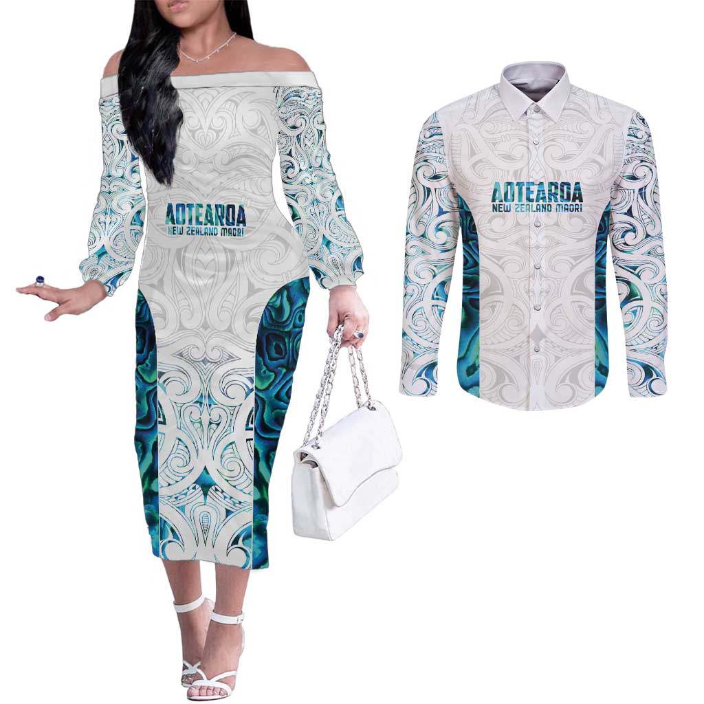 Custom New Zealand Aotearoa Couples Matching Off The Shoulder Long Sleeve Dress and Long Sleeve Button Shirt Maori Paua Shell Indigenous - Polynesian Pride