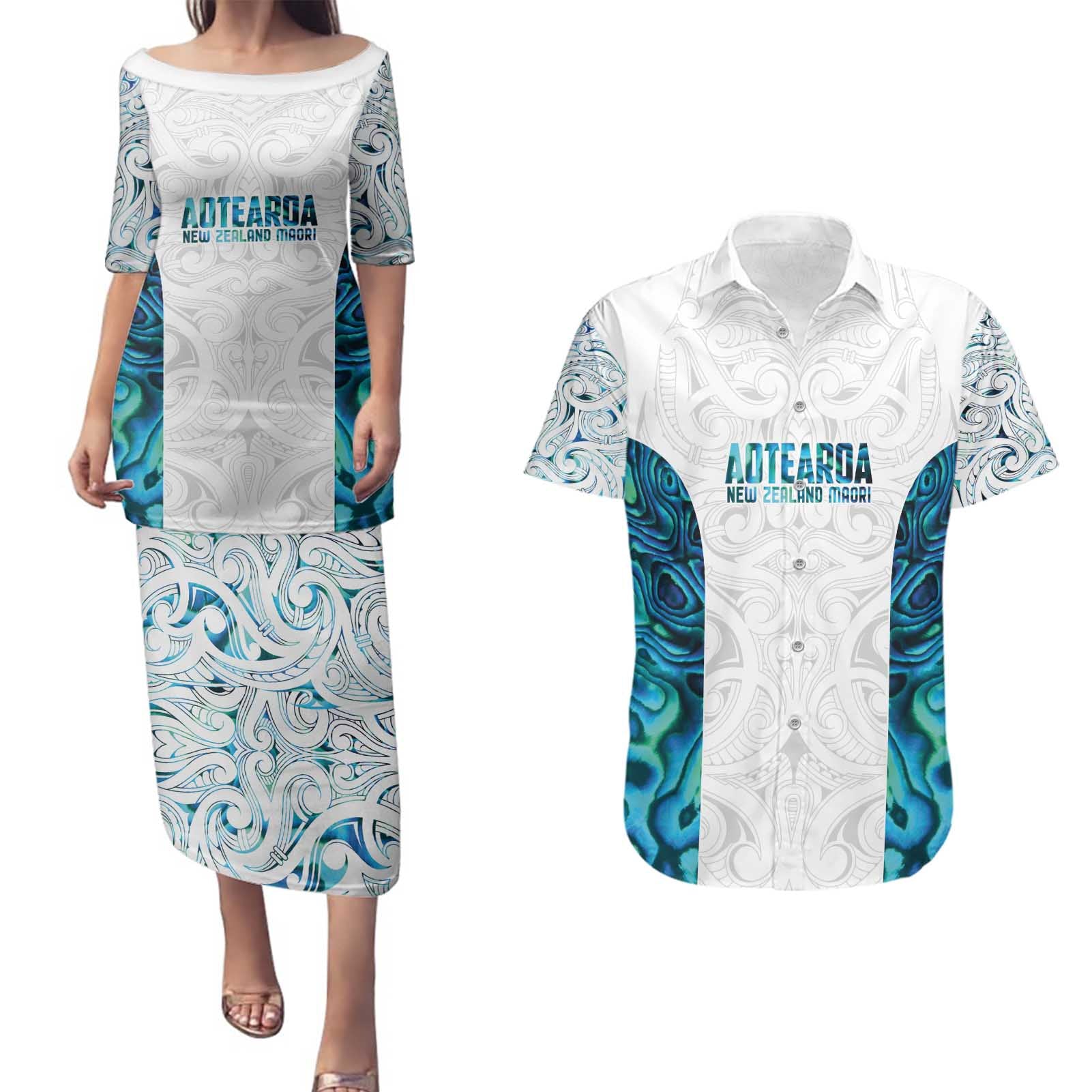 Custom New Zealand Aotearoa Couples Matching Puletasi and Hawaiian Shirt Maori Paua Shell Indigenous - Polynesian Pride