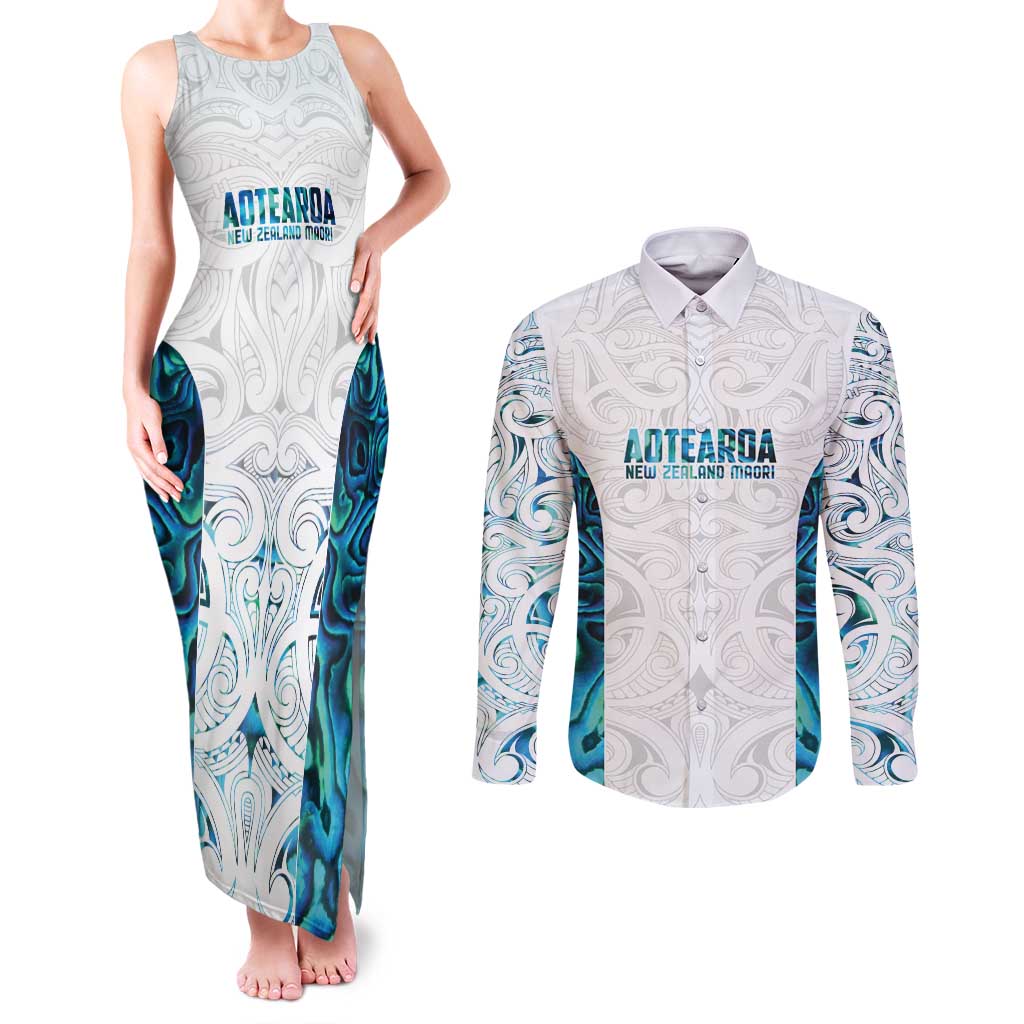 Custom New Zealand Aotearoa Couples Matching Tank Maxi Dress and Long Sleeve Button Shirt Maori Paua Shell Indigenous - Polynesian Pride