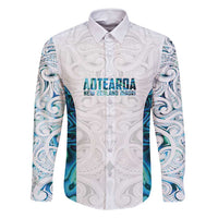 Custom New Zealand Aotearoa Family Matching Tank Maxi Dress and Hawaiian Shirt Maori Paua Shell Indigenous LT9 Dad's Shirt - Long Sleeve Blue - Polynesian Pride
