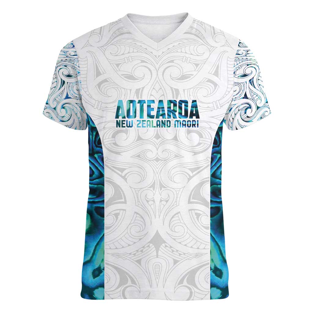 Custom New Zealand Aotearoa Women V-Neck T-Shirt Maori Paua Shell Indigenous LT9 Female Blue - Polynesian Pride