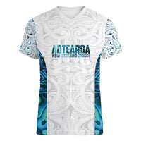 Custom New Zealand Aotearoa Women V-Neck T-Shirt Maori Paua Shell Indigenous LT9 Female Blue - Polynesian Pride