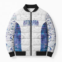 Custom New Zealand Aotearoa Bomber Puffer Jacket Purple Maori Paua Shell Indigenous - Polynesian Pride